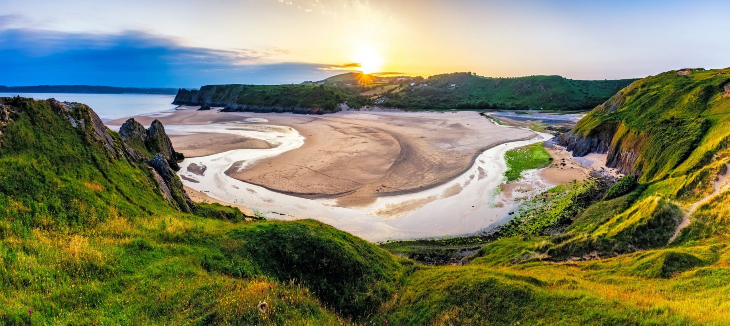 Panoramic view of Three Cliffs Bay, Gower, Wales, UK.