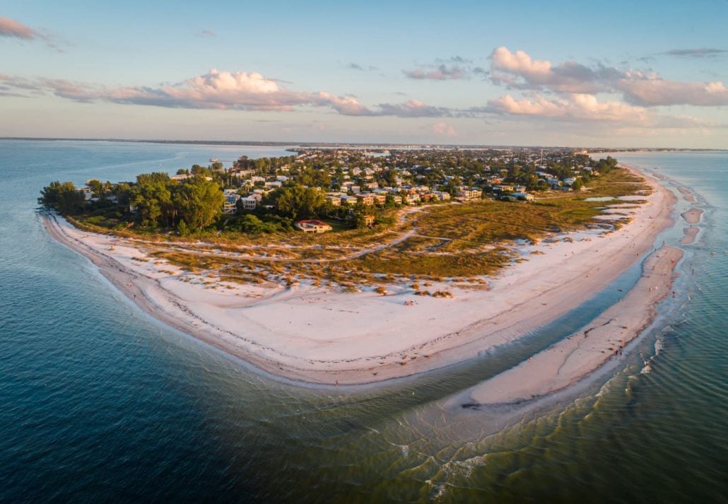  Drone view of Bean Point Beach in Anna Maria Island, Florida.