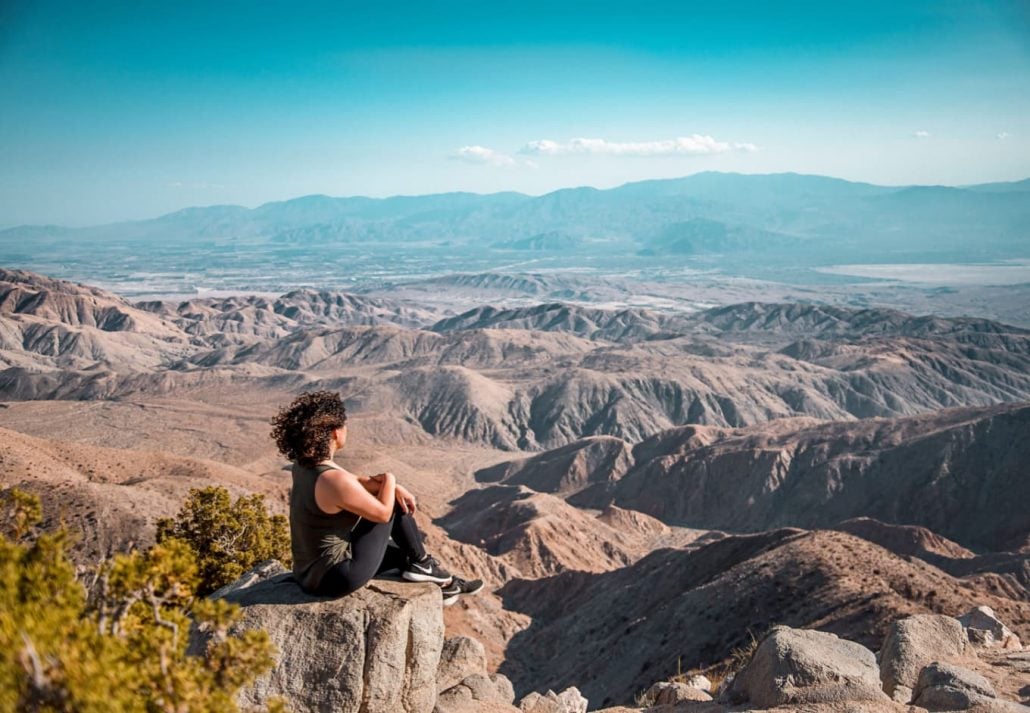 Woman on top of Keys View, Joshua Tree National Park, California, USA.