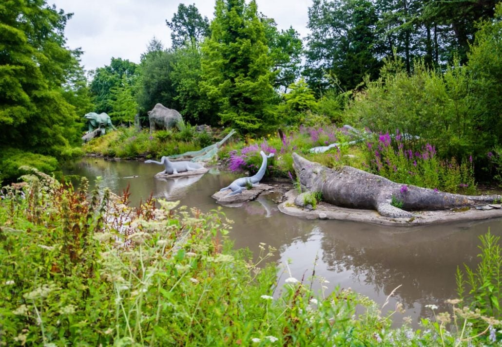 Dinosaur models in Crystal Palace Park, London, UK.