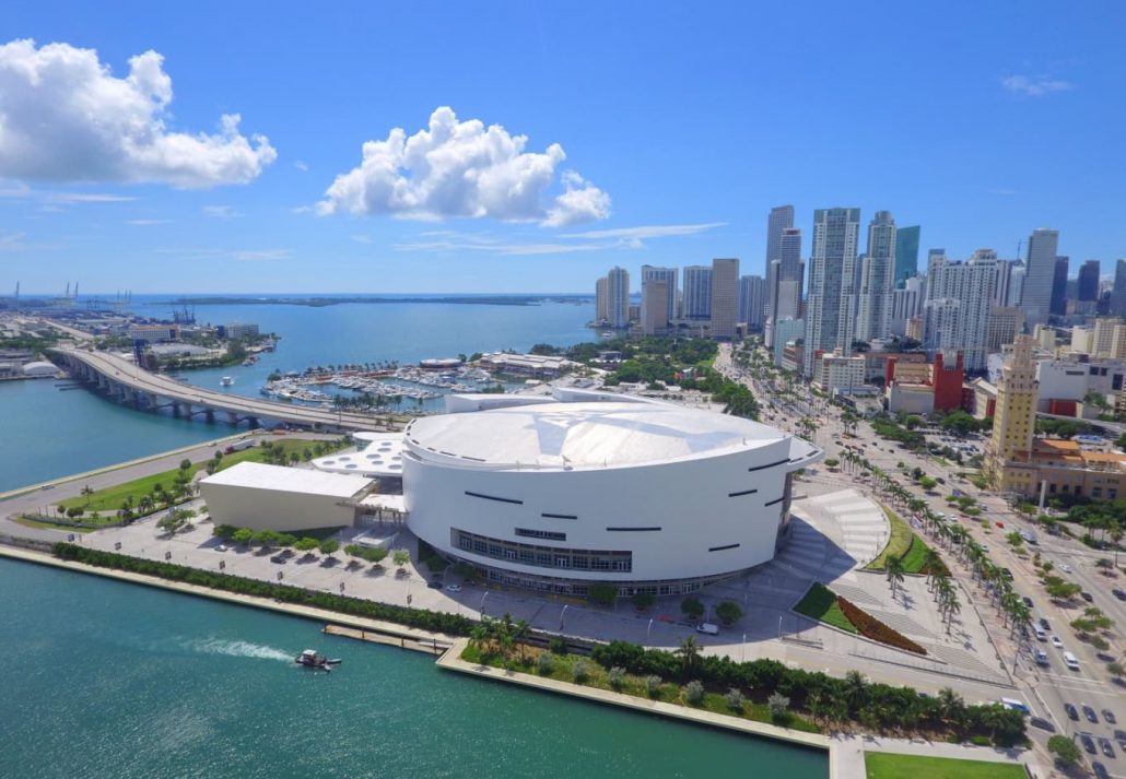 things-to-do-in-miami-kaseya-center | CuddlyNest Travel Blog Aerial image of the AA Arena on Biscayne Boulevard in Downtown Miami, Florida, USA.