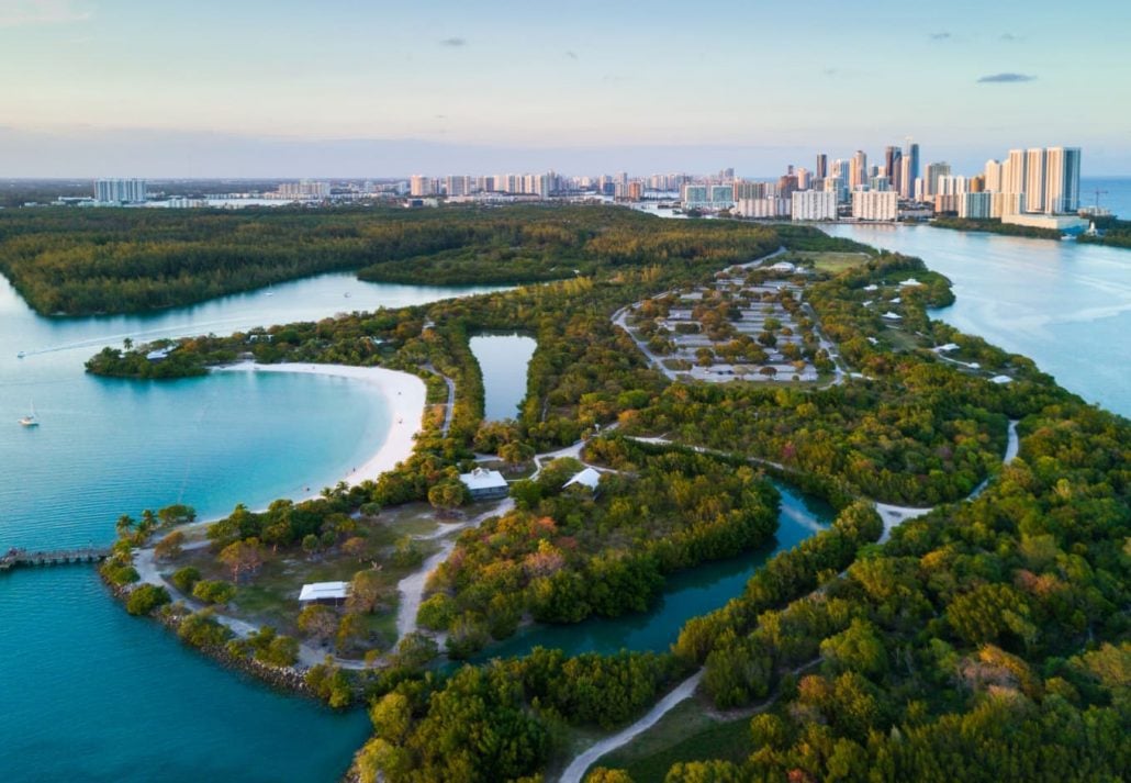 Aerial view of Oleta River State Park, Halouver and Sunny Isles in Miami, Florida.