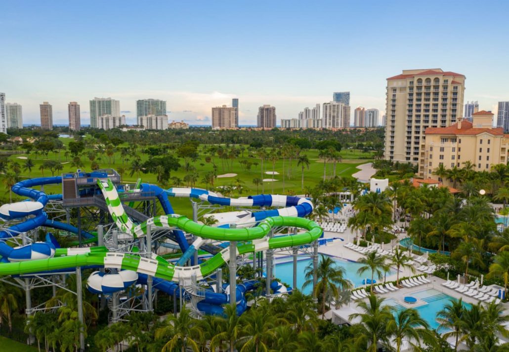 Aerial photo Tidal Cove Waterpark Aventura Florida USA Turnberry Resort, Miami, Florida.
