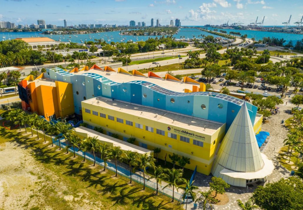 things-to-do-in-miami-with-kids-miami-childrens-museum | CuddlyNest Travel Blog Aerial drone photo of the Miami Children's Museum.
