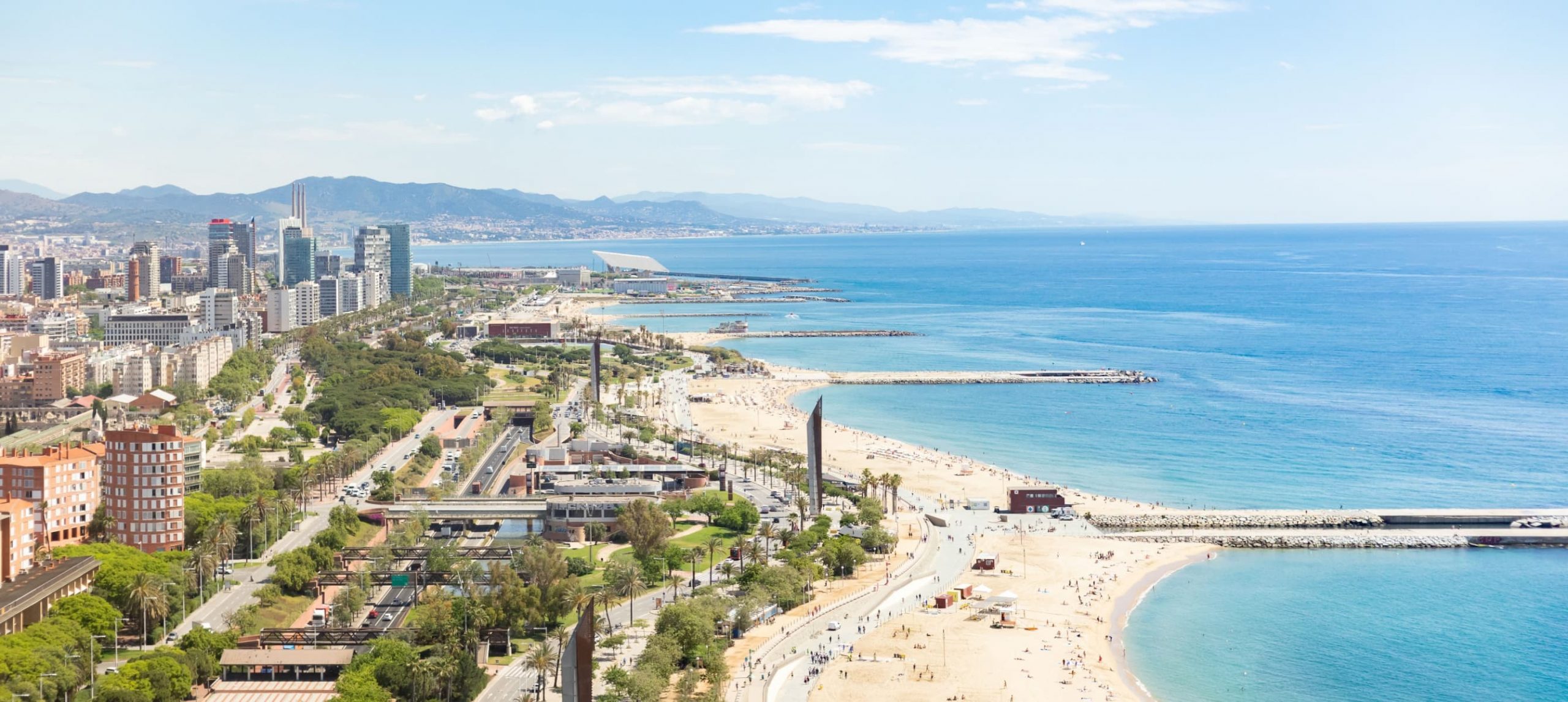 Aerial view of Barcelona's coastline, in Spain.