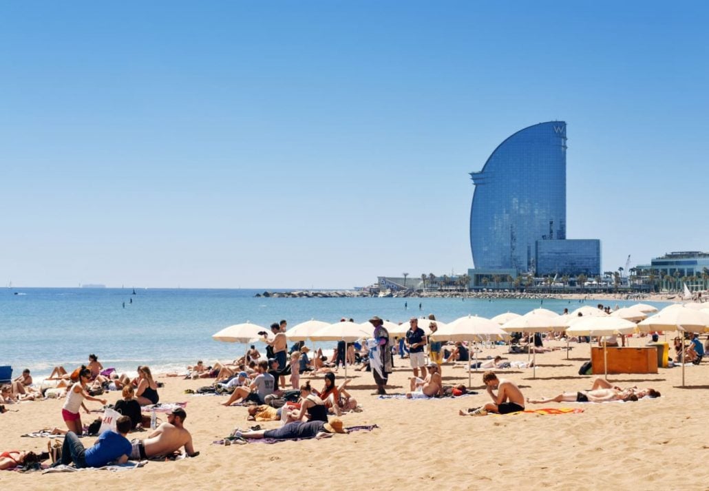 The Barceloneta beach, in Barcelona, filled with people during the summer.