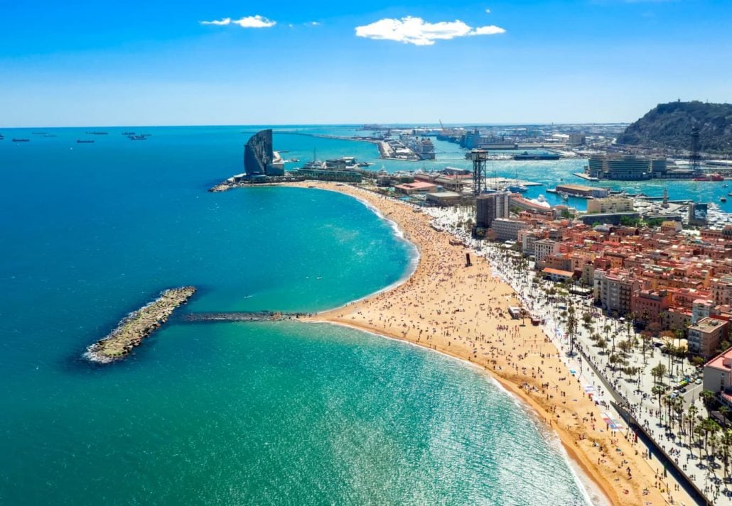 Aerial view of the Barceloneta Beach, in Barcelona, Spain.