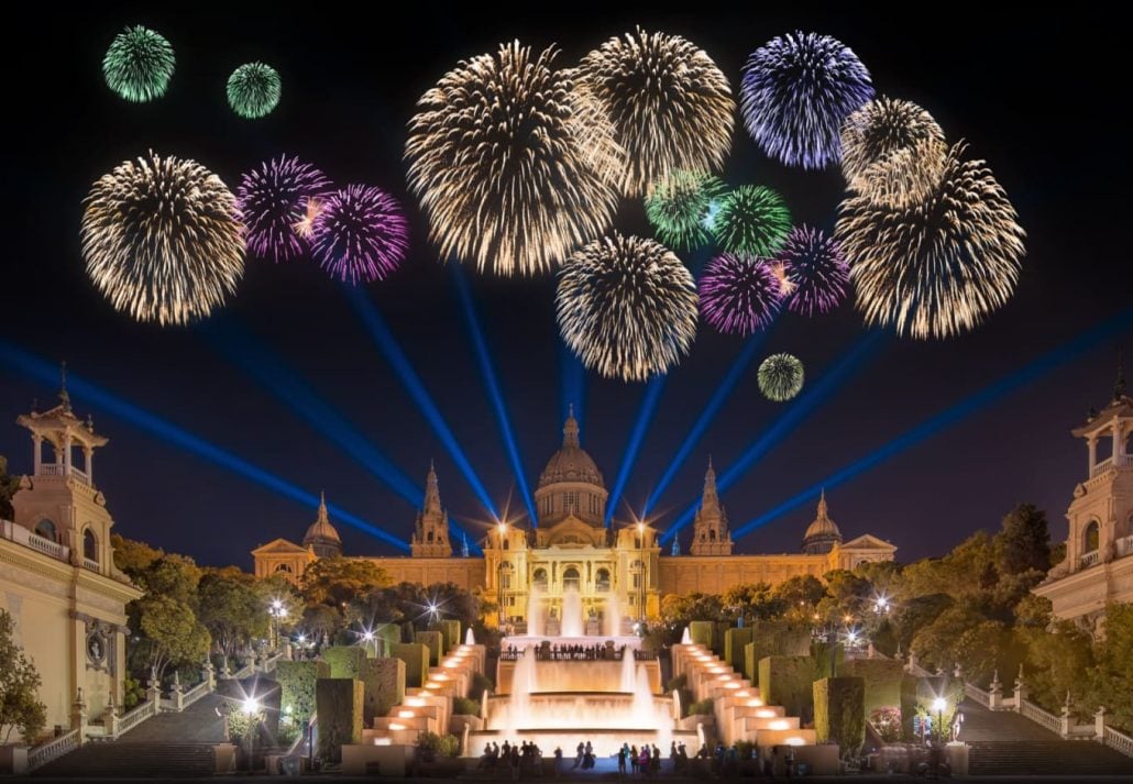 Fireworks in front of the Montjuic Castle, in Barcelona, Spain.