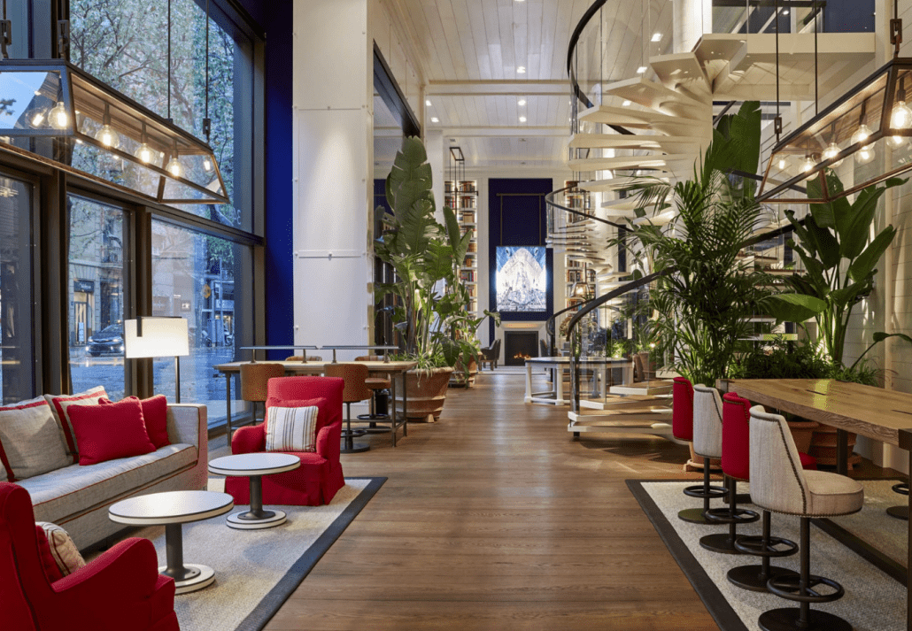 Lobby of the Seventy Barcelona Hotel, in Barcelona, Spain.