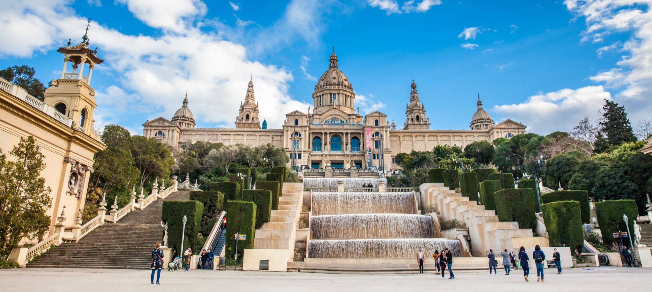 Magic Fountain of Montjuic and the Museu Nacional d'art de Catalunya, in Barcelona, Spain.