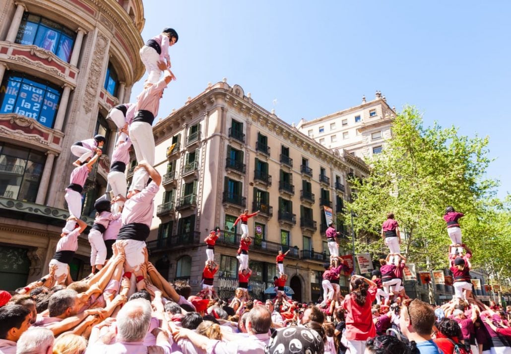 BARCELONA, CATALONIA - APRIL 14: Castell show in April 14, 2013 in Barcelona, Catalonia. Castellers de Barcelona performers show during Can Jorba at avinguda Portal del Angel.