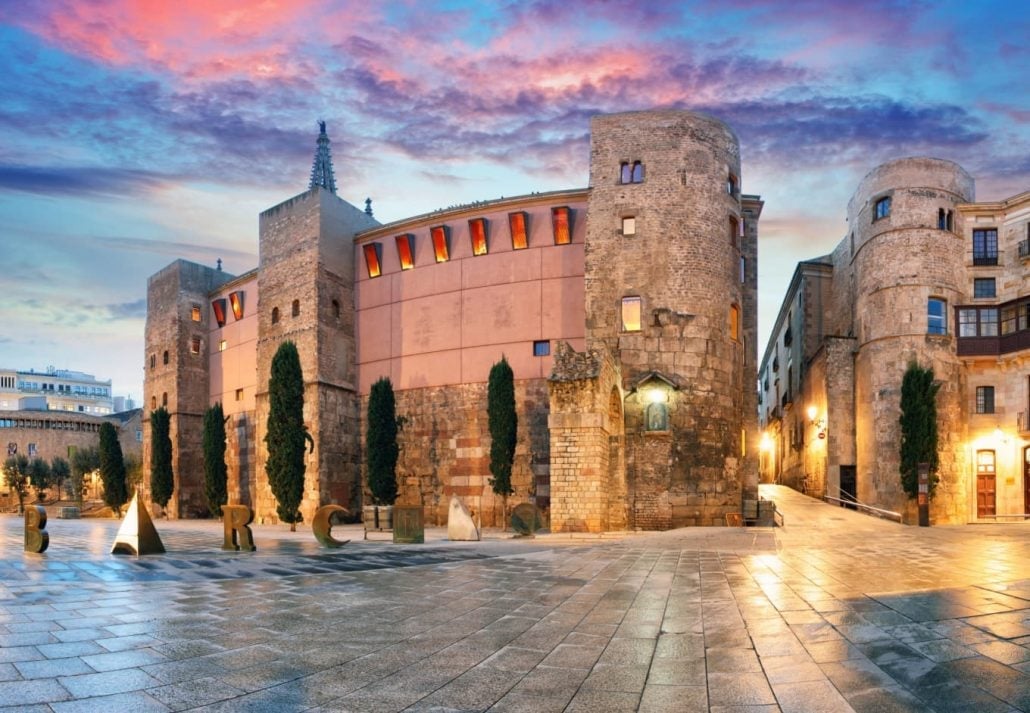 Panorama of Ancient Roman Gate and Placa Nova, Barri Gothic Quarter, Barcelona, Spain.