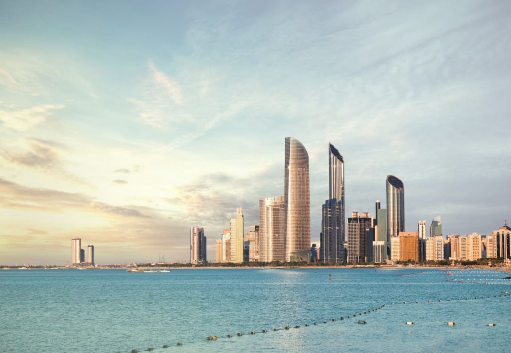 several tall skyscrapers in Abu Dhabi facing the Persian Gulf
