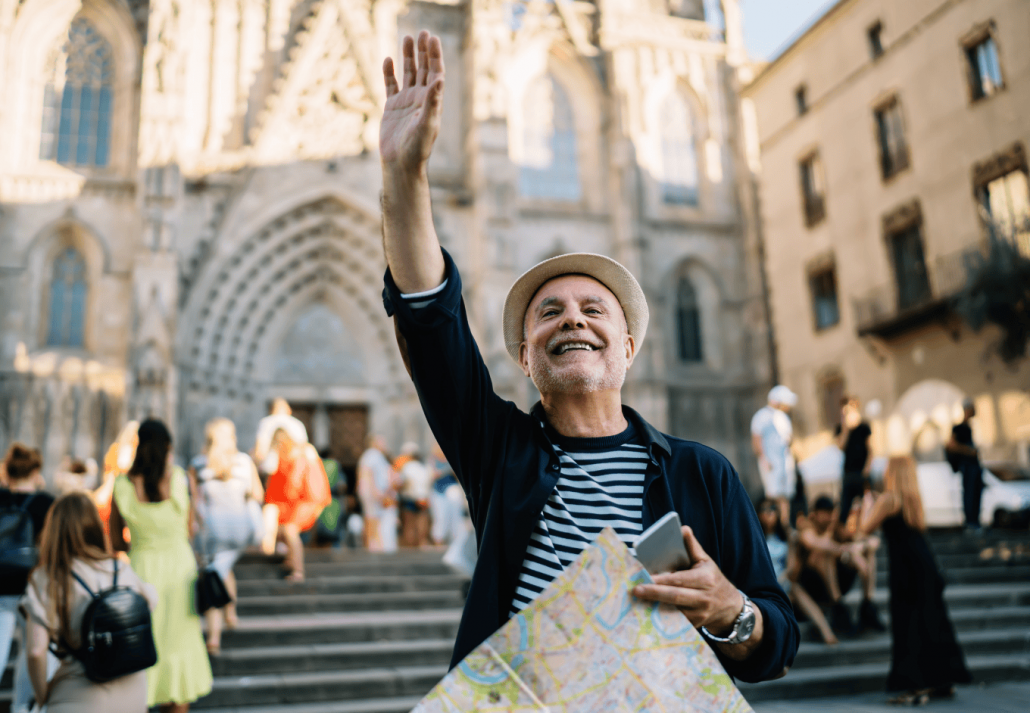 cheerful Caucaisan man at cathedral in Girona