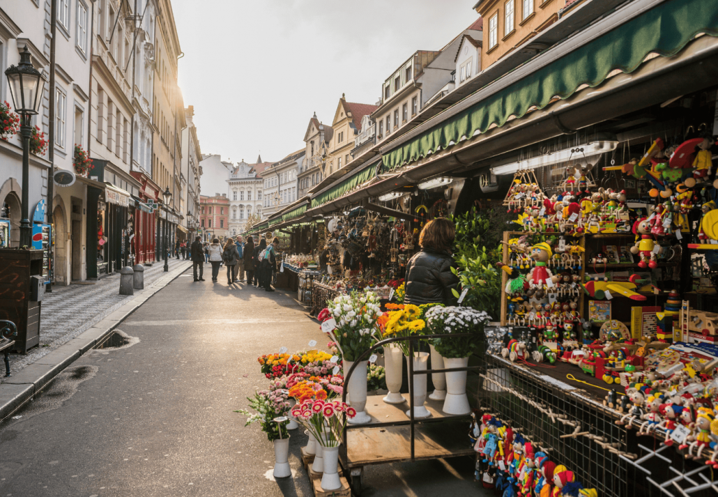 Bustling street market with colorful merchandise on display