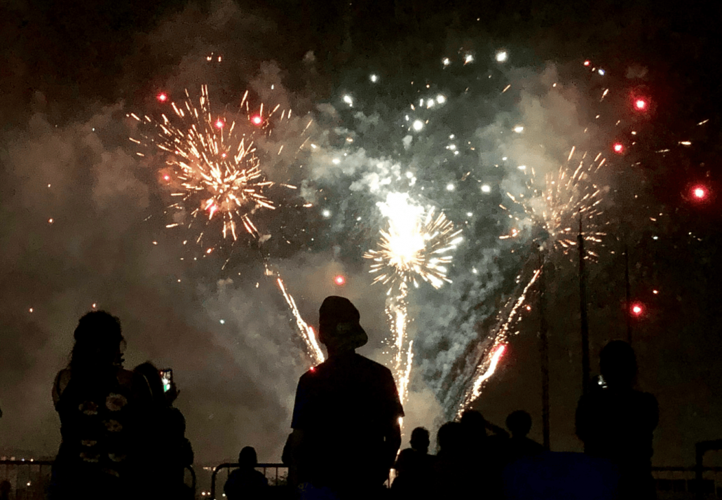 Silhouette of people watching fireworks