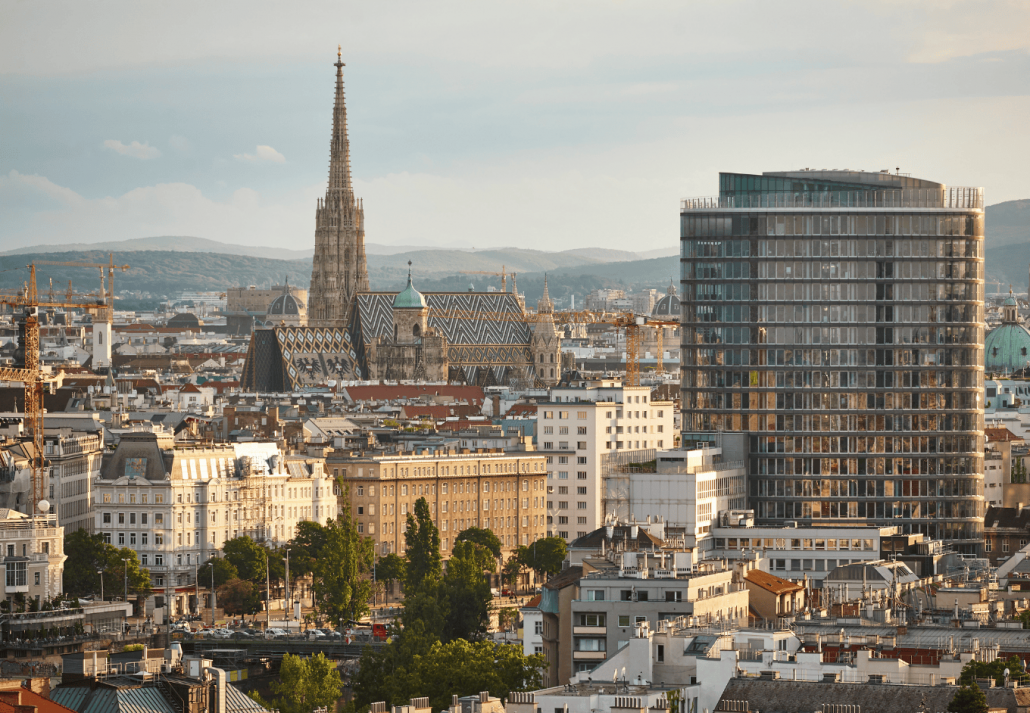 Vienna city center cityscape and St. Stephans gothic cathedral. Austria