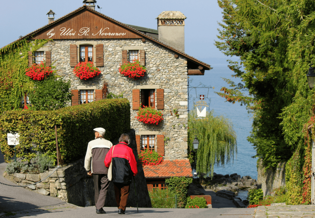 old couple exploring the town of Yvoire
